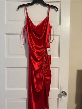Windsor Red Satin Cowl Ruched Slip Dress